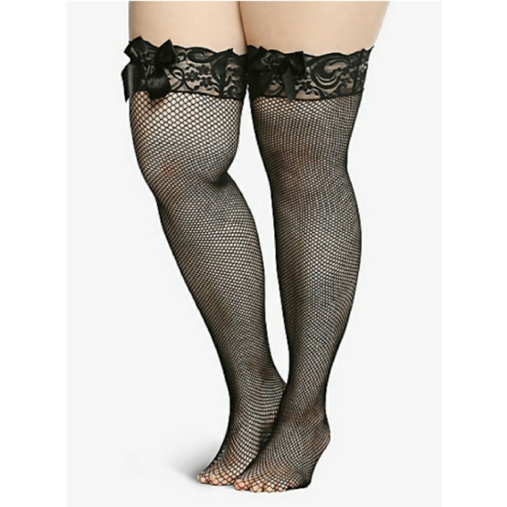 Black Bow Lace Trim Fishnet Thigh Tights